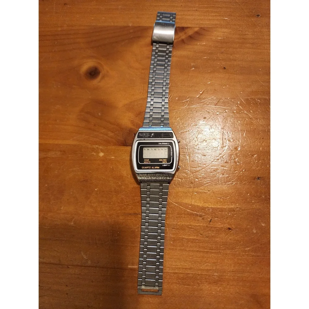 Vintage Quintel Digital Quartz Alarm Watch Silver Tone Stainless Steel As Is